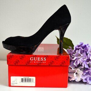 Guess Black Suede Peep Toe Stiletto Pump w/ Tortoise Platform